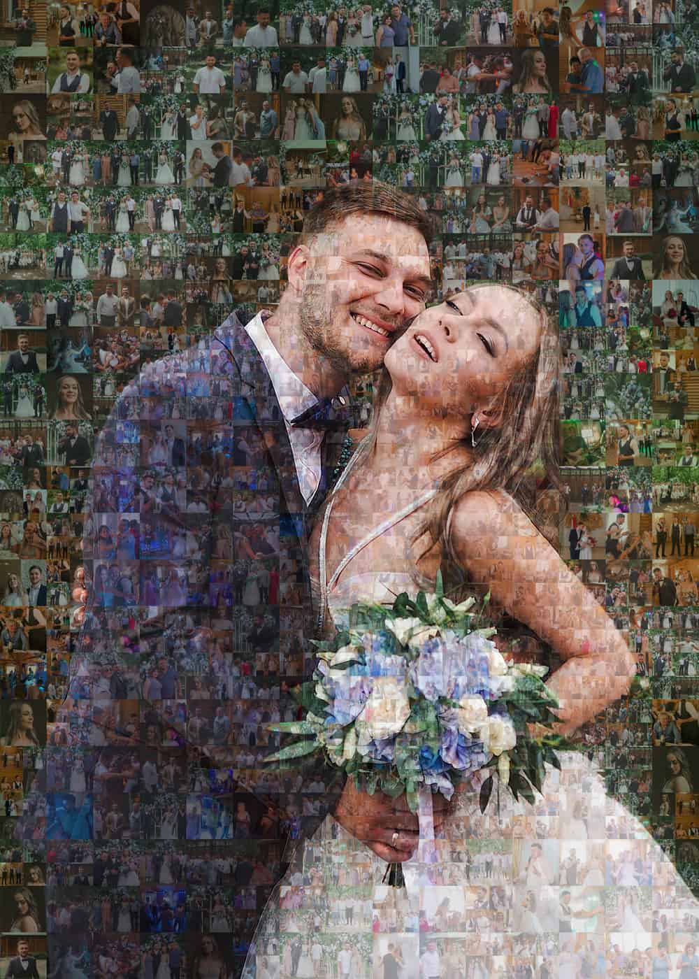 Фотомозаика из фотографий пары молодоженов, дизайнер Ирина Фотомозаика для свадебной пары с букетом цветов