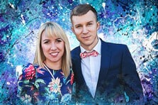 Парный дрим-арт портрет, художник Олеся Портрет пары в синей одежде в стиле Дрим-Арт