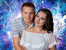 Парный дрим-арт портрет, художник Олеся Портрет пары на синем фоне в стиле Дрим-Арт