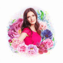 Женский цветочный арт-портрет, художник Ольга Flower Art девушки в красном на фоне из цветов
