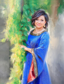 Пример картины под живопись маслом по фото женщины на фоне зелени