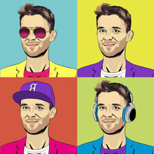 Мужской поп-арт портрет, художник Олеся Pop art портрет в стиле Уорхола молодого человека в четырех квадратах