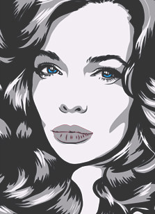 Женский поп-арт портрет, художник Олеся Pop art портрет в стиле Че брюнетки с длинными волосами и красными губами на черном фоне