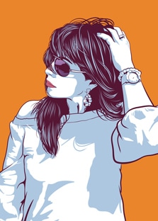 Женский поп-арт портрет, художник Ольга Pop art портрет в стиле Че брюнетки в очках с длинными волосами и красными губами на оранжевом фоне