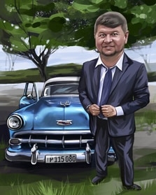 Мужской шарж по фото, художник Александра Шарж мужчины на фоне большой американской машины