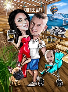 Семейный шарж по фото, художник Александра Шарж по фото семьи на отдыхе на море