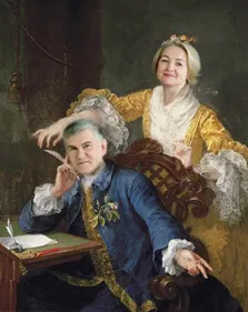 Портрет пары за столом в образе 18-го века на основе фотомонтажа в известную картину