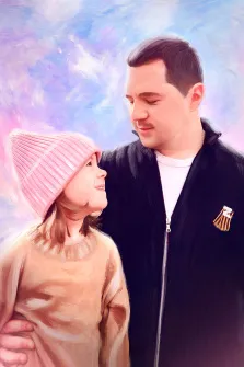 Семейный портрет Под масло на светлом однотонном фоне: дочка с отцом смотрят друг на друга, художник Юлия 