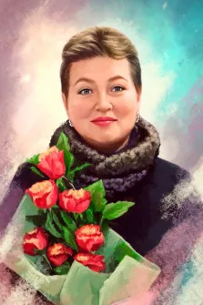 Женский портрет Под масло: женщина с короткой стрижкой держит букет цветов, художник Софья 