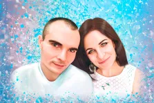 Парный портрет в стиле Дрим арт: кареглазый молодой человек и зеленоглазая девушка в белом кружевном платье изображены на светлом фоне с эффектом брызг, художник Ольга 