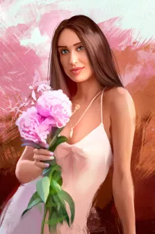 Женский портрет Под масло, зеленоглазая девушка в белом платье и с букетом цветов в руках, художник Александра 