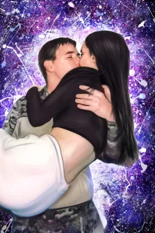 Парный портрет в стиле Дрим арт на ярком фиолетовом фоне с эффектом брызг, молодой человек держит на руках девушку и целует, художник Артём