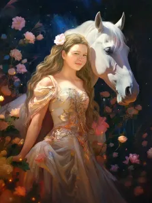 Портрет светловолосой девушки в белом платье рядом с белым конём в стиле Фэнтези, художник Антонина