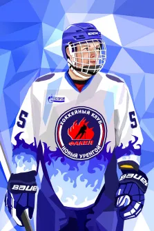 Хоккеист отрисованный в стиле Low Poly на голубом фоне, художник Александра Р
