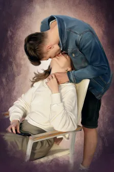 Парный портрет с прорисовкой под масло, девушка в белой кофте сидит на кресле и целуется с молодым человеком в джинсовой курке, художник Лариса