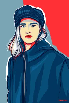 Портрет девушки в кепке и пальто в стиле Поп-арт в синих и красных тонах, художник Александра 