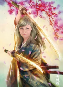 Портрет девушки с длинными светлыми волосами и двумя мечами на фоне сакуры в стиле фэнтези, художник Евгения А