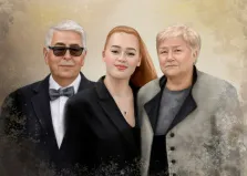 Семейный портрет из трёх человек в стиле Акварель: отец, мать и взрослая дочь на абстрактном фоне в бежевых тонах, художник Софья 