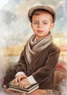 Портрет голубоглазого мальчика в кепке и пиджаке, стиль Акварель, художник Анна 