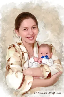 Портрет кареглазой женщины с младенцем на руках на светлом абстрактном фоне, стиль Акварель, художник Валерия 