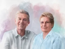 Парный портрет дедушки и бабушки в стиле акварель на абстрактном фиолетовом фоне, художник Татьяна Н