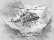 Картина с изображением вертолета, летящего среди гор с грузом в стиле карандаш. Художник Татьяна Н.