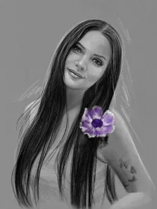 Портрет длинноволосой девушки серым Карандашом с фиолетовым цветком, художник Александра 