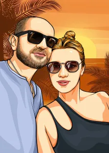 Парный портрет в стиле Комикс, бородатый молодой человек в солнцезащитных очках и светловолосая девушка с солнцезащитными очками, художник Александра 