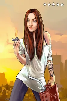 Портрет девушки в стиле Комикс по мотивам игры GTA с зажигалкой и канистрой бензина в руках, художник Александра 