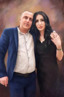 Парный портрет Под масло, мужчина в синем классическом костюме с белой рубашкой и женщина в чёрном платье и с длинными тёмными волосами, художник Александра 