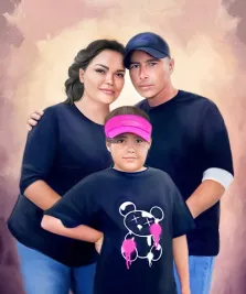 Портрет семьи из трёх человек Под масло: мама, папа и дочка на нейтральном светлом фоне, художник Мария 