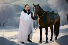 Портрет молодого человека в белой мантии на фоне зимнего леса, рядом с молодым человеком стоит конь, стиль Под масло, художник Павел 