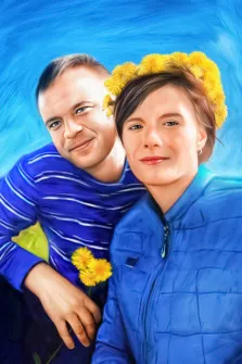 Портрет молодой пары в стиле Под масло на нейтральном голубом фоне, молодой человек в синем полосатом свитере и девушка с венком из одуванчиков на голове, художник Мария 