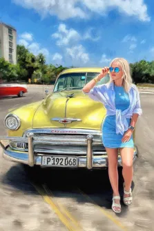 Портрет девушки блондинки в солнцезащитных очках и в голубом платье рядом с ретро-автомобилем жёлтого цвета в стиле Под масло, художник Александра 