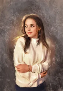 Портрет русоволосой девушки в белом свитере на нейтральном фоне в стиле Под масло, художник Анна