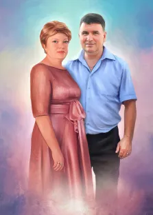 Парный портрет Под масло на разноцветном фоне: женщина в бордовом платье и с короткой стрижкой и мужчина в голубой рубашке с короткими рукавами, художник Артём