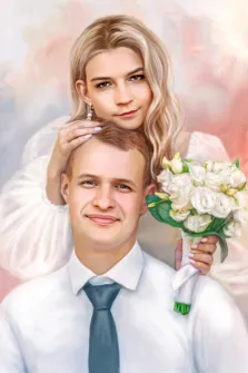 Парный свадебный портрет Под масло: девушка блондинка с букетом и молодой человек с белой рубашкой и синим галстуком, художник Анастасия 