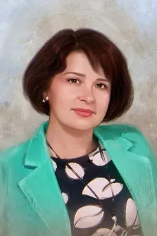 Портрет женщины в стиле Под масло в бирюзовом пиджаке на нейтральном фоне, художник Виктория 