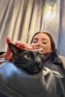 Портрет кареглазой девушки с чёрным котом на руках, стиль под масло, художник Александра 