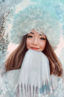 Портрет девушки в белой меховой шапке на зимнем фоне, прорисовка Под масло, художник Софья 