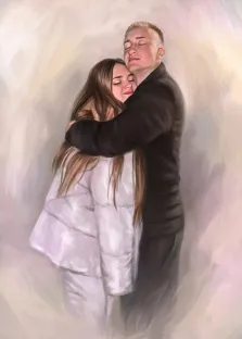 Молодая пара в зимней одежде  обнимается на светлом фоне, прорисовка Под масло, художник Анастасия 