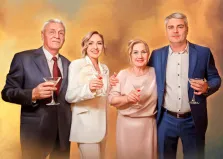 Портрет семьи из четырёх человек с прорисовкой Под масло: пожилая пара и молодая пара в деловых костюмах на нейтральном фоне, художник Артём