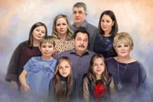 Портрет большой семьи из девяти человек с прорисовкой Под масло: трое детей и шестеро взрослых на цветном фоне, художник Анастасия 
