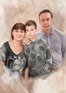 Отец, мать и сын с прорисовкой Под масло на бежевом фоне, художник Мария 