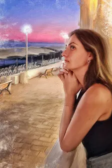 Портрет девушки с русыми волосами на фоне набережной, прорисовка Под масло, художник Анна