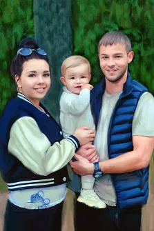 Портрет молодой семьи в стиле Под масло: девушка в синей куртке с белыми рукавами и молодой человек в синей жилетке вместе держат на руках светловолосого мальчика, художник Юлия 