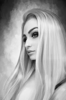 Портрет девушки с прямыми светлыми волосами с прорисовкой в стиле Под масло в чёрно-белых тонах, художник Лариса