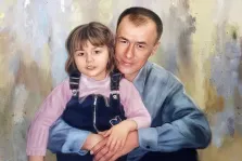Картина нарисованная по старой фотографии в стиле под масло, отец с дочкой на руках, художник Александра И