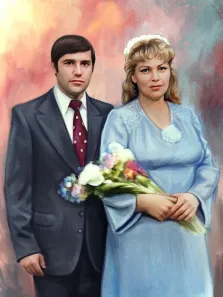 Свадебный портрет пары Под масло: мужчина в классическом тёмном костюме с белой рубашкой и красным галстуком и женщина в голубом платье и с букетом цветов в руках, художник Павел 