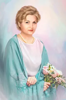 Портрет светловолосой женщины с карими глазами, на женщине бирюзоая накидка и букет цветов в руках, прорисовка в стиле Под масло на нежном светлом фоне, художник Анастасия 